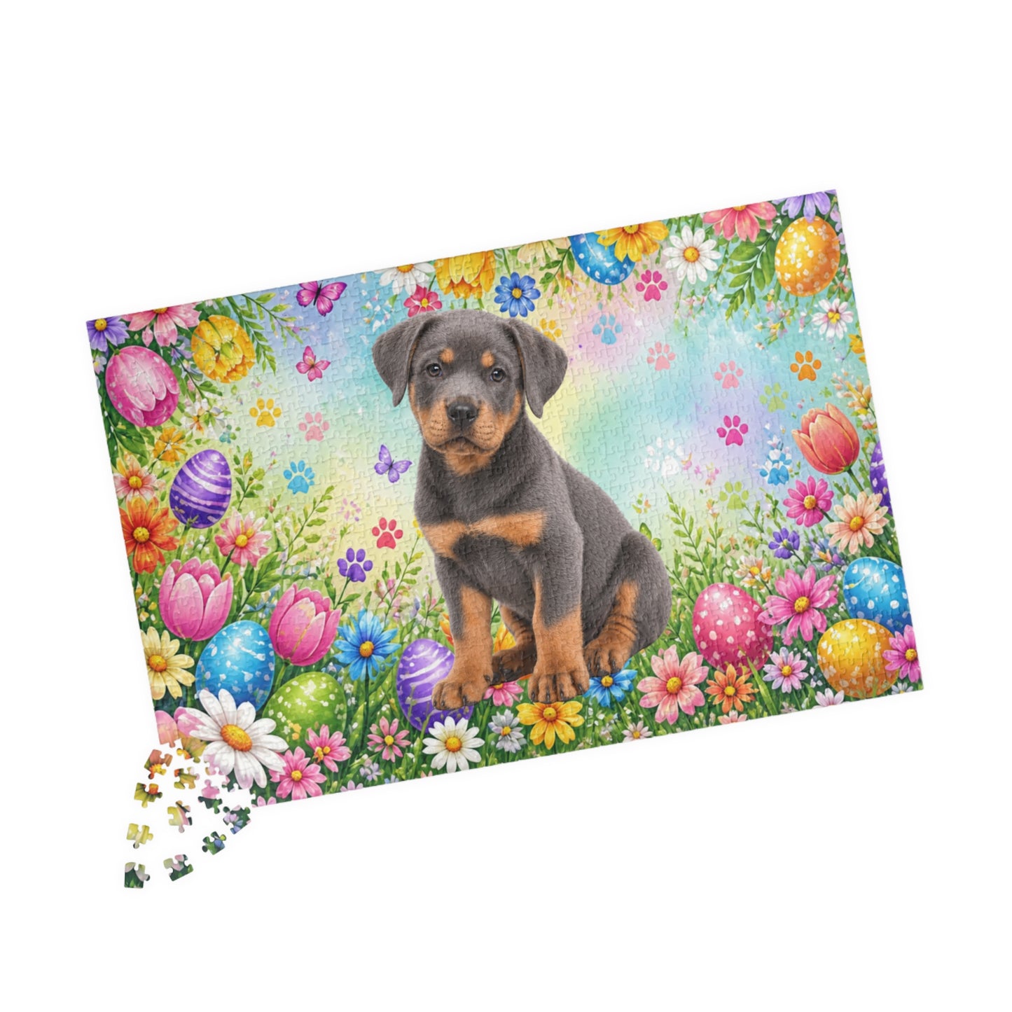 Rottweiler (Blue) Easter Puppy Puzzle - Spring Garden with Eggs, Tulips, and Butterflies