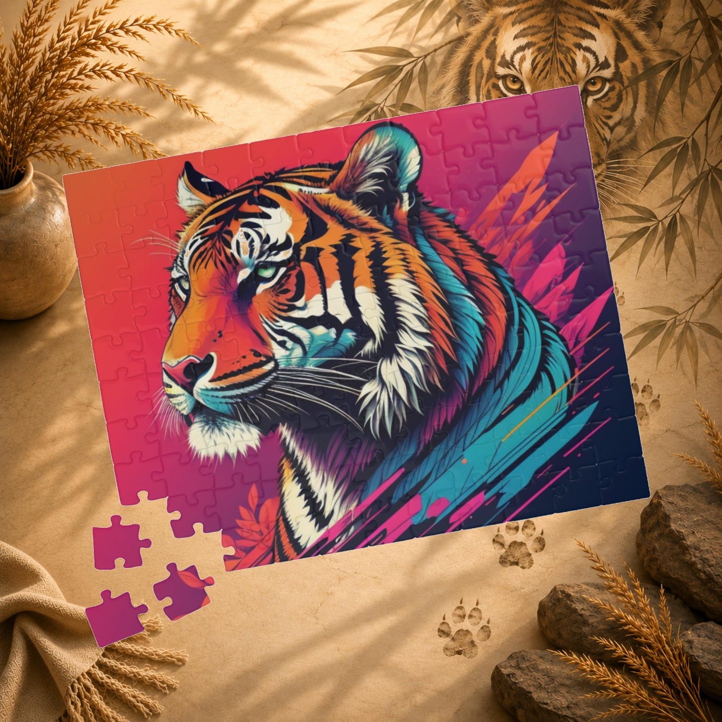 Calm in the Tiger's Stripes - Tropical Tiger Jigsaw Puzzle with Coral Gradient and Teal Leaf Art
