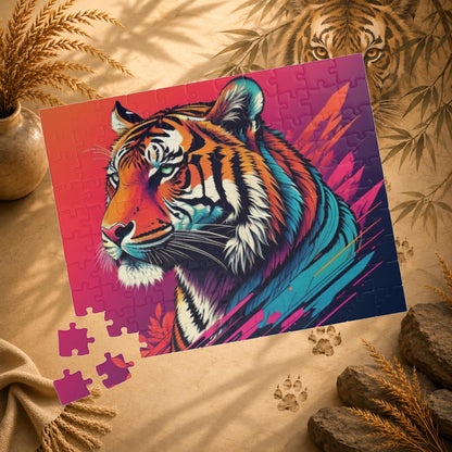 Calm in the Tiger's Stripes - Tropical Tiger Jigsaw Puzzle with Coral Gradient and Teal Leaf Art