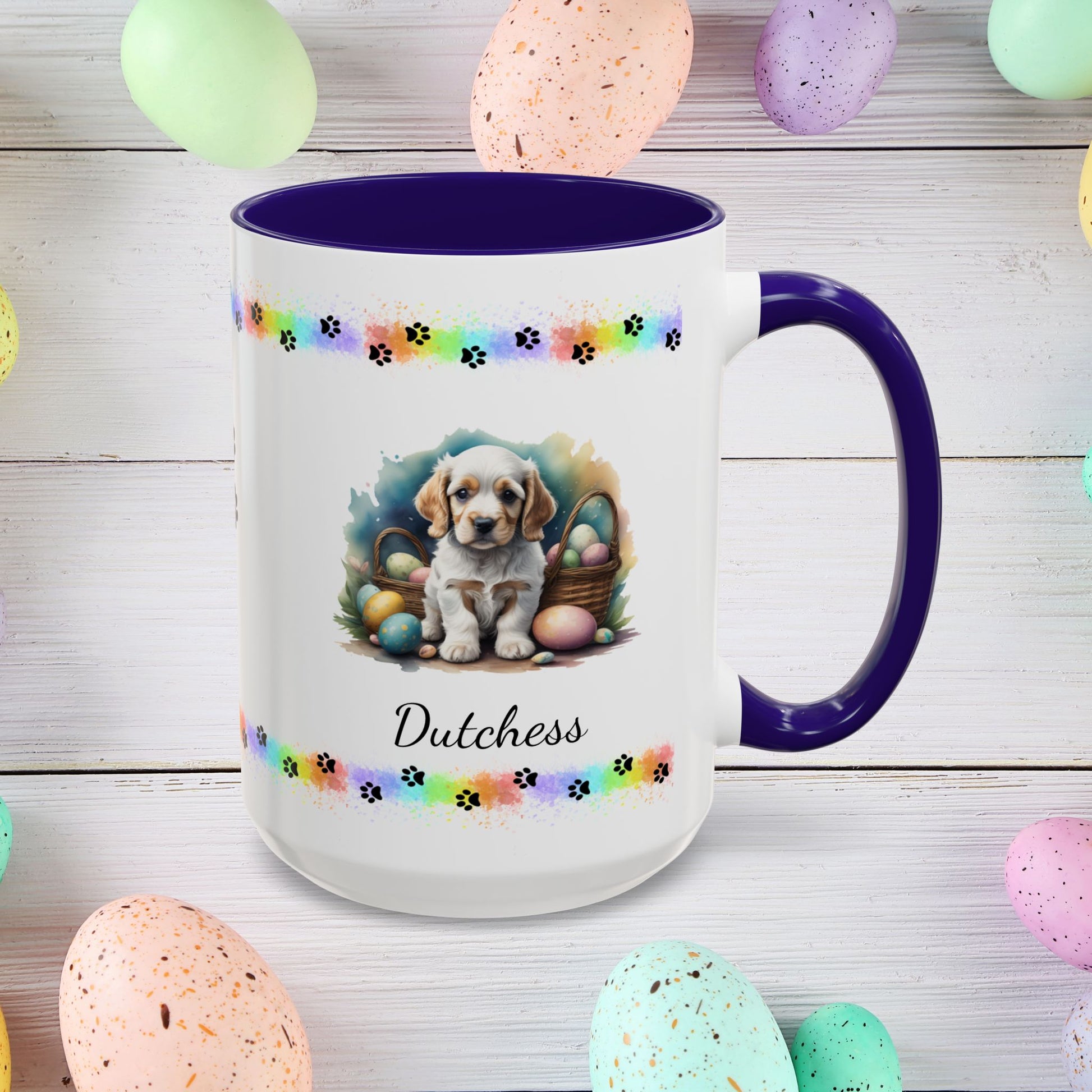 Cocker Spaniel (Orange & White): Personalized Easter Puppy Coffee Mug - Adorable Dog Design, Mental Health Gift, 11oz & 15oz, 12 Color Choices, Easter Gifts & Décor