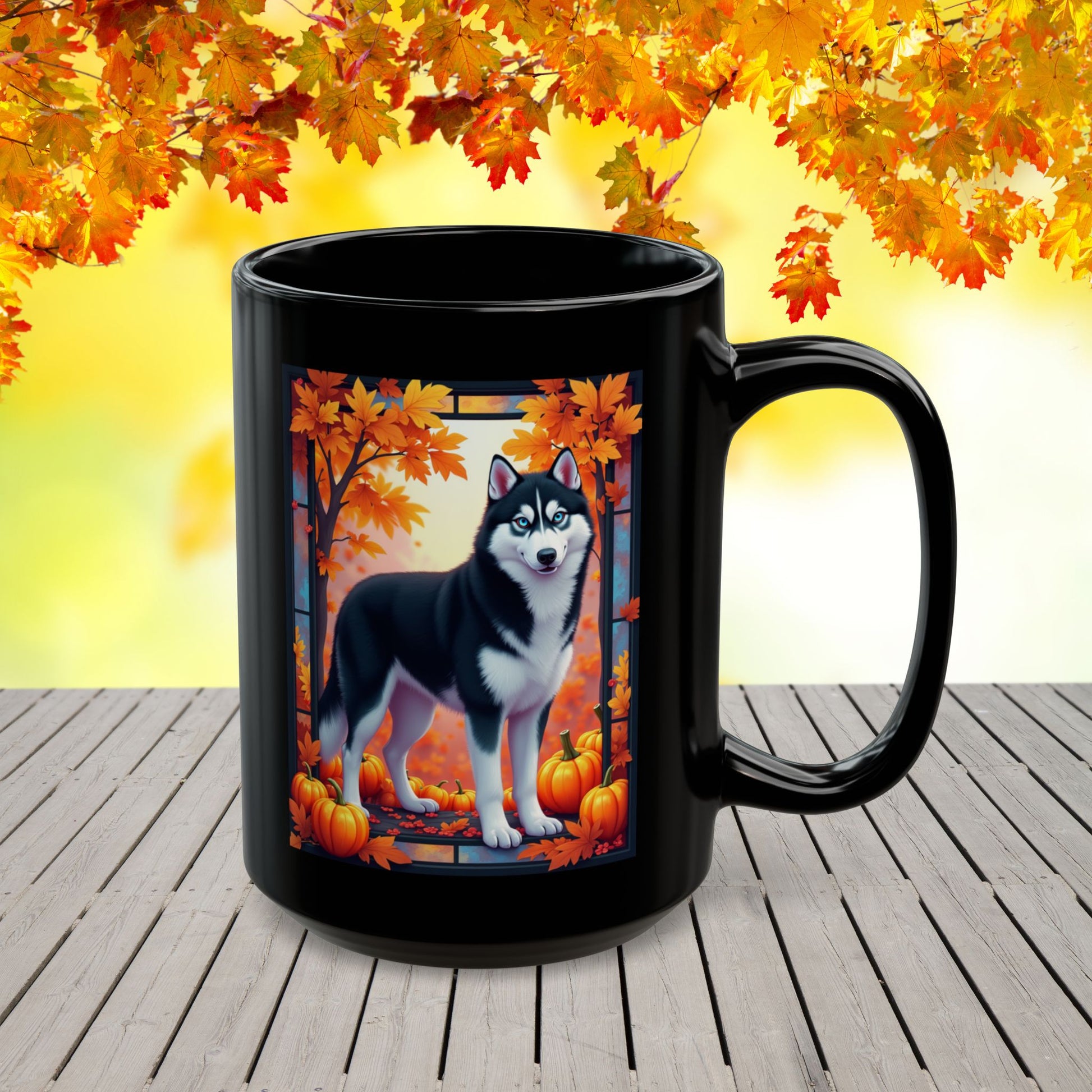 Black & White Husky (Blue Eyes) fall coffee cup, custom gift for Husky parents, dog lovers, or pet enthusiasts