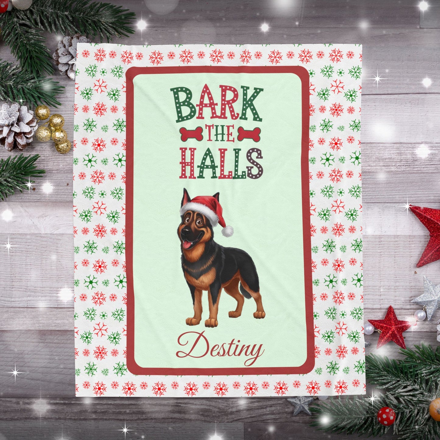 German Shepherd (Black & Rust) Plush Velveteen Blanket - Festive Bark The Halls dog throw, custom gift