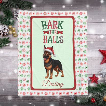 German Shepherd (Black & Rust) Plush Velveteen Blanket - Festive Bark The Halls dog throw, custom gift