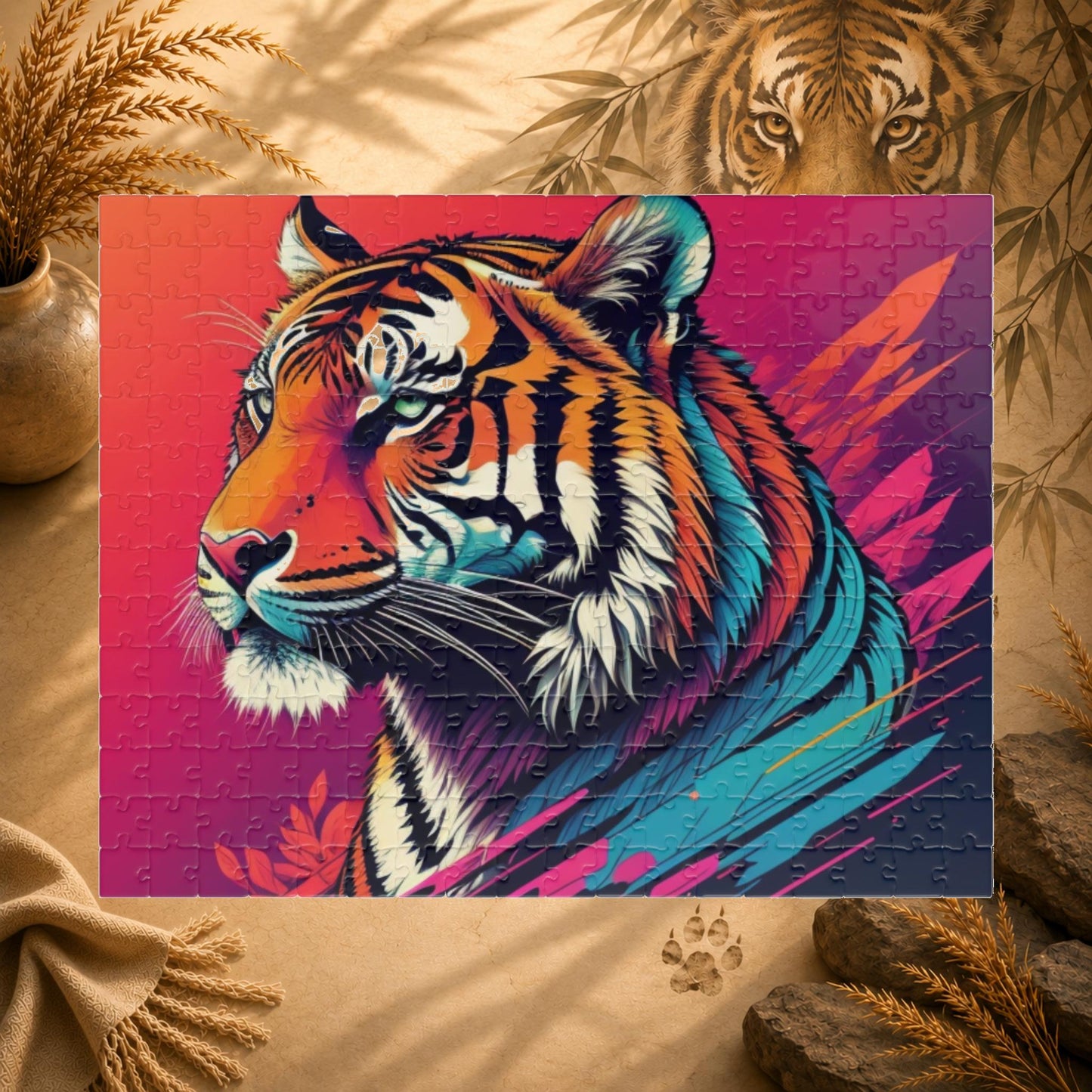 Colorful tiger illustration on a puzzle with a pink and purple background