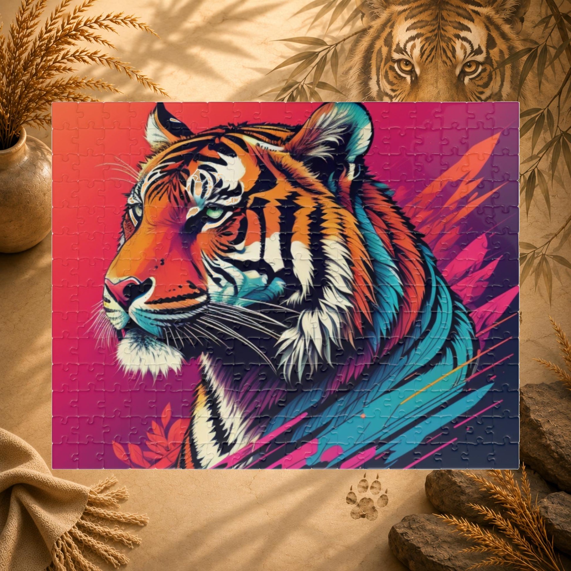 Colorful tiger illustration on a puzzle with a pink and purple background