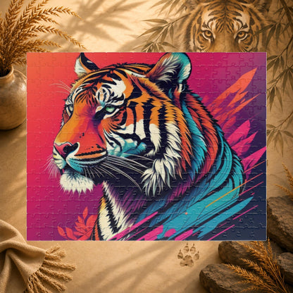 Colorful tiger illustration on a puzzle with a pink and purple background