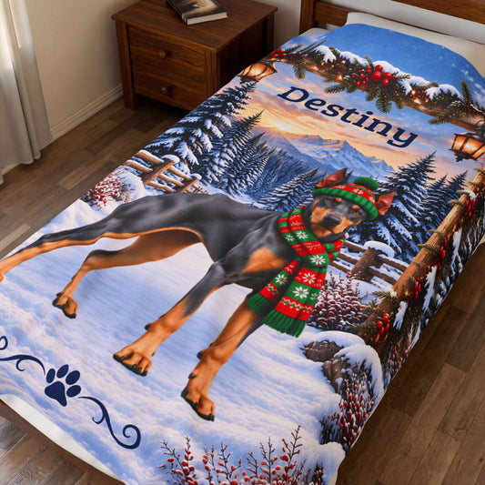 Doberman (Blue & Rust Coat) - Personalized Winter Blanket, Snowy Mountain Velveteen Throw