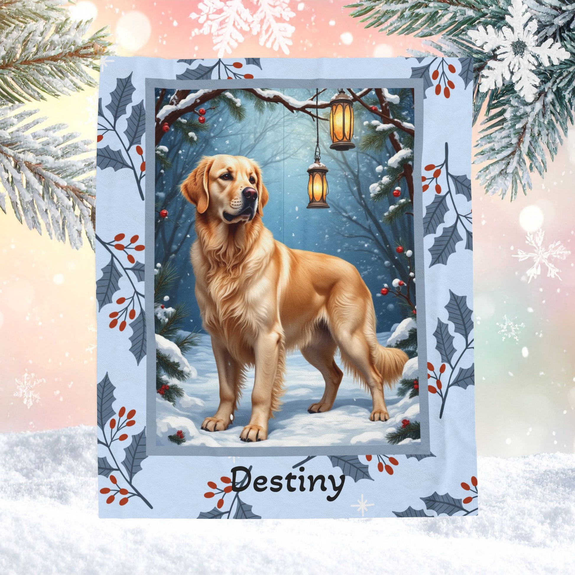 Golden Retriever Cream personalized winter throw featuring a smiling Golden Retriever in cozy snowy lodge décor