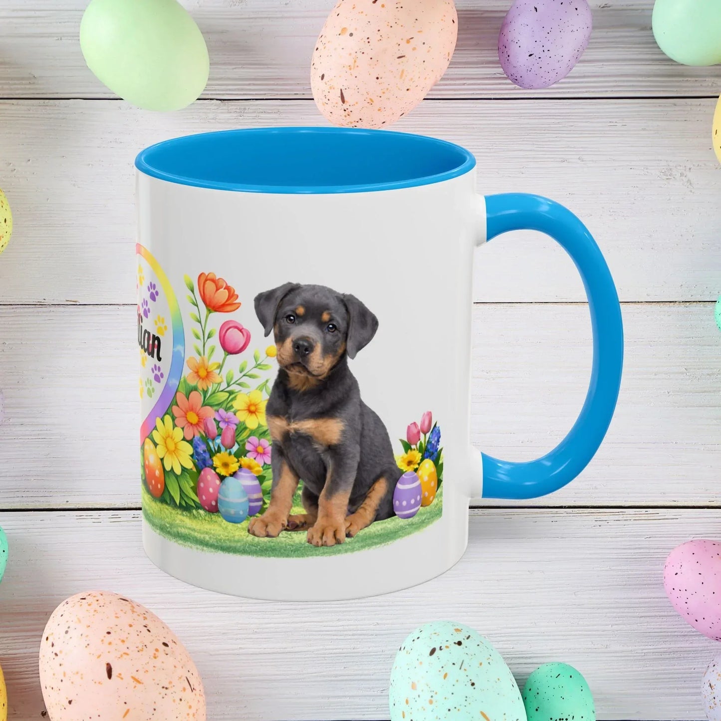 Shop our rottweiler blue puppy easter mug featuring the 11oz style option from MySisterIsASurvivor.