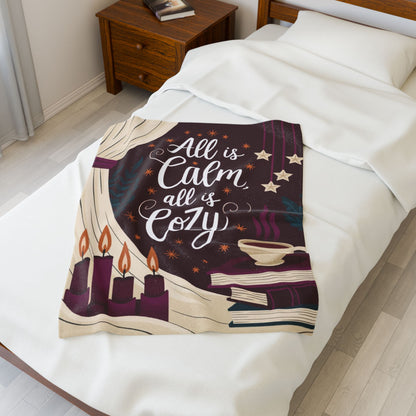 Cozy Christmas blanket “All Is Calm, All Is Cozy” with winter holiday design, soft festive throw for comfort