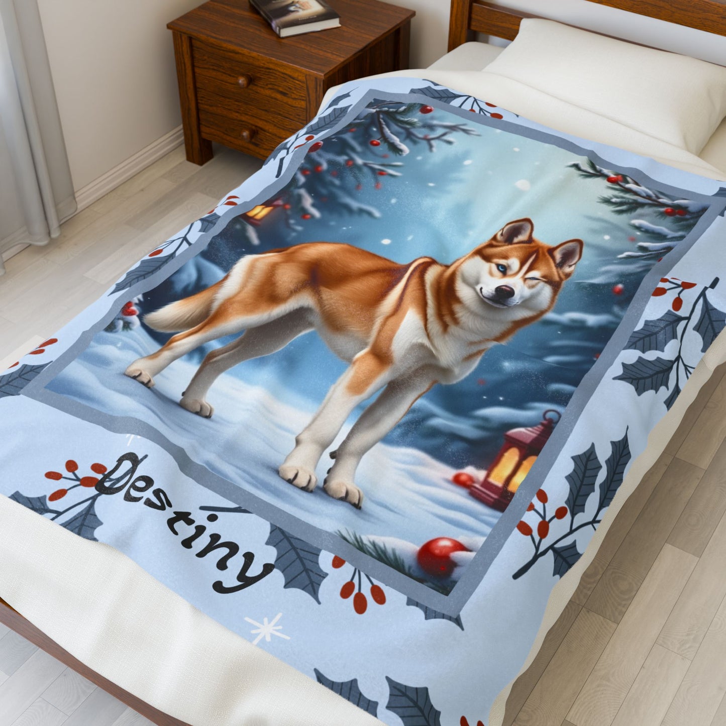 Husky Sable and White custom winter blanket featuring a Husky in a crisp illustrated lodge-style winter scene