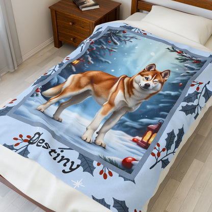 Husky Sable and White custom winter blanket featuring a Husky in a crisp illustrated lodge-style winter scene