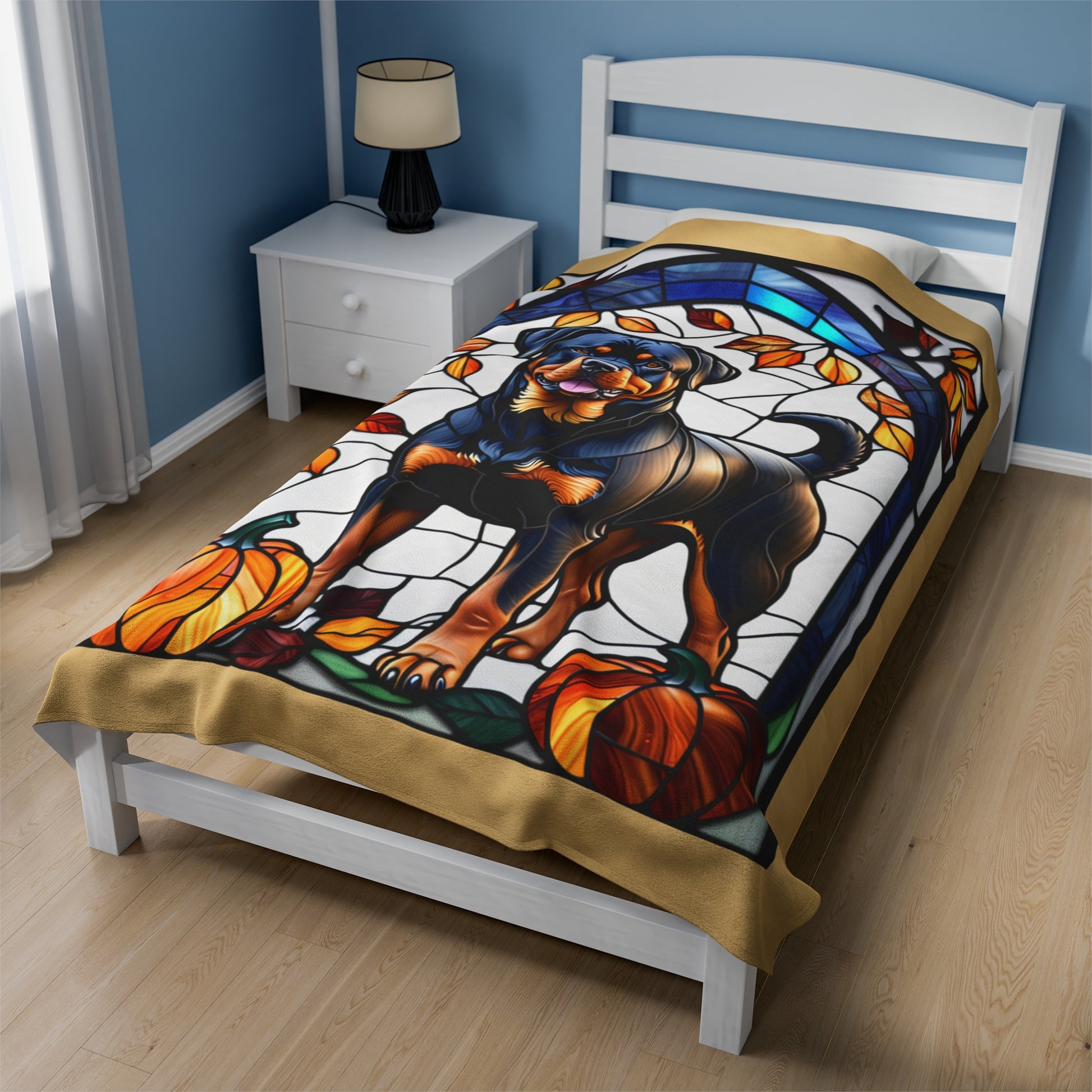 Rottweiler stained glass plush blanket in velveteen fabric, perfect cozy gift for Rottie owners