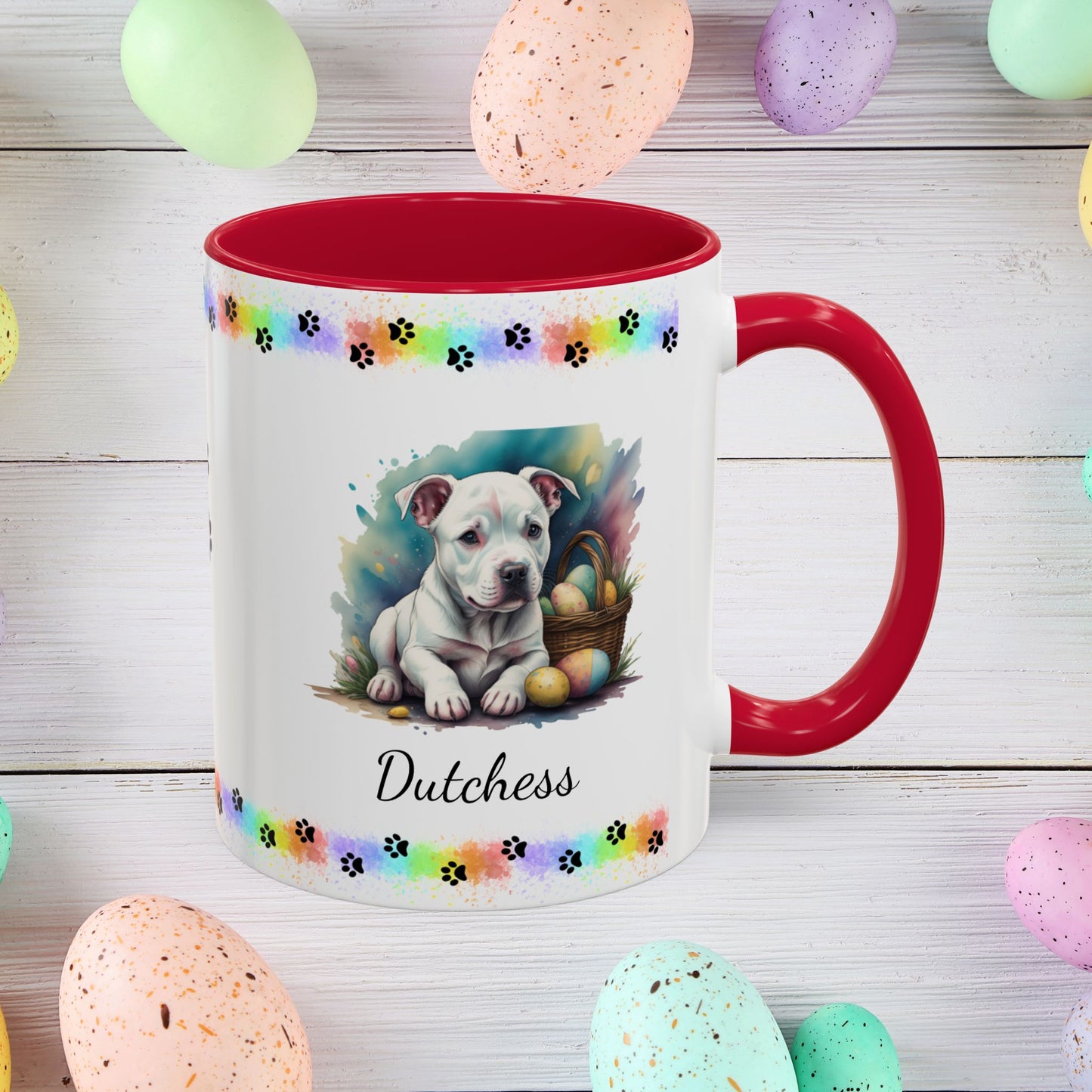 Pitbull (White): Personalized Easter Puppy Coffee Mug - Adorable Dog Design, Mental Health Gift, 11oz & 15oz, 12 Color Choices, Easter Gifts & Décor