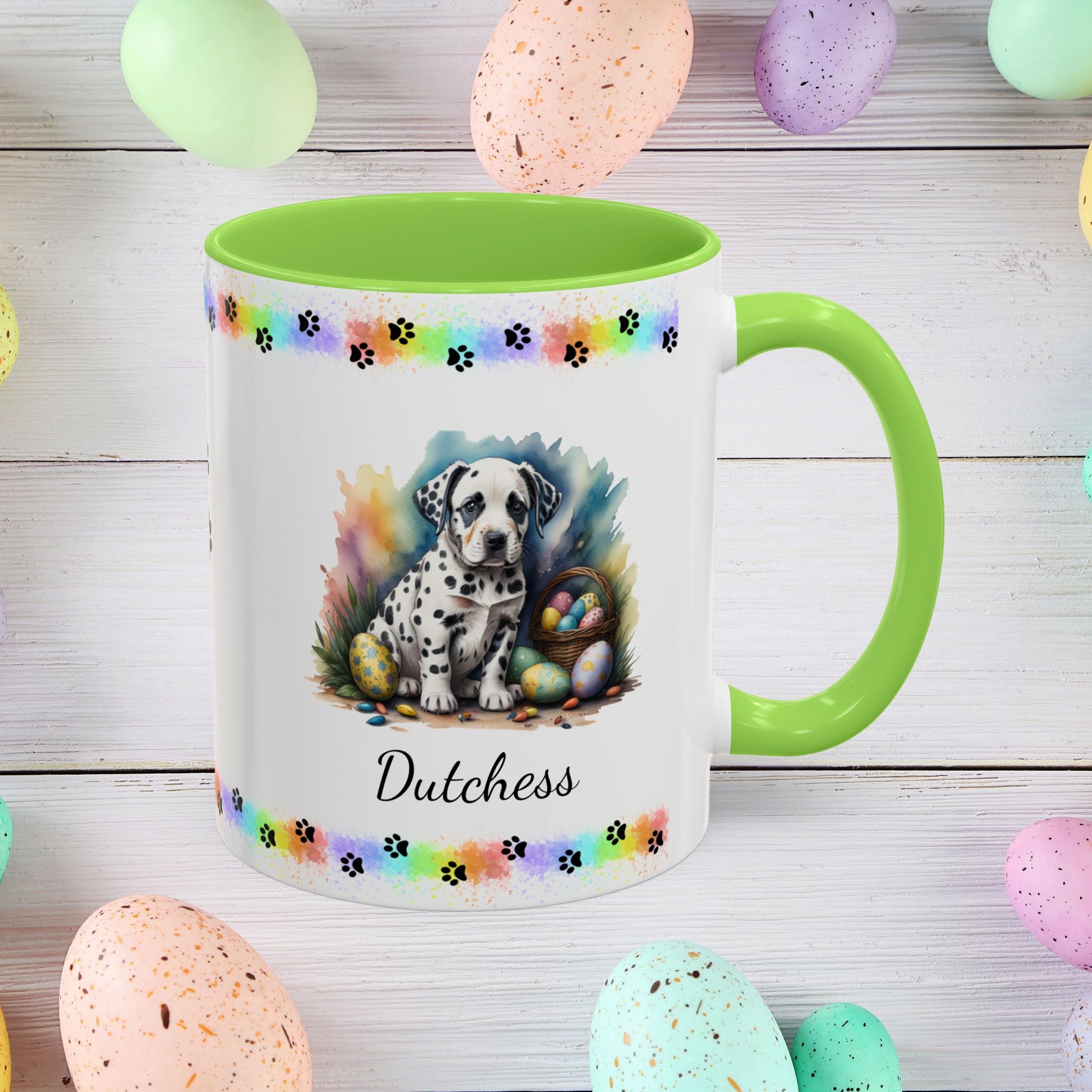 Dalmatian: Personalized Easter Puppy Coffee Mug - Adorable Dog Design, Mental Health Gift, 11oz & 15oz, 12 Color Choices, Easter Gifts & Décor