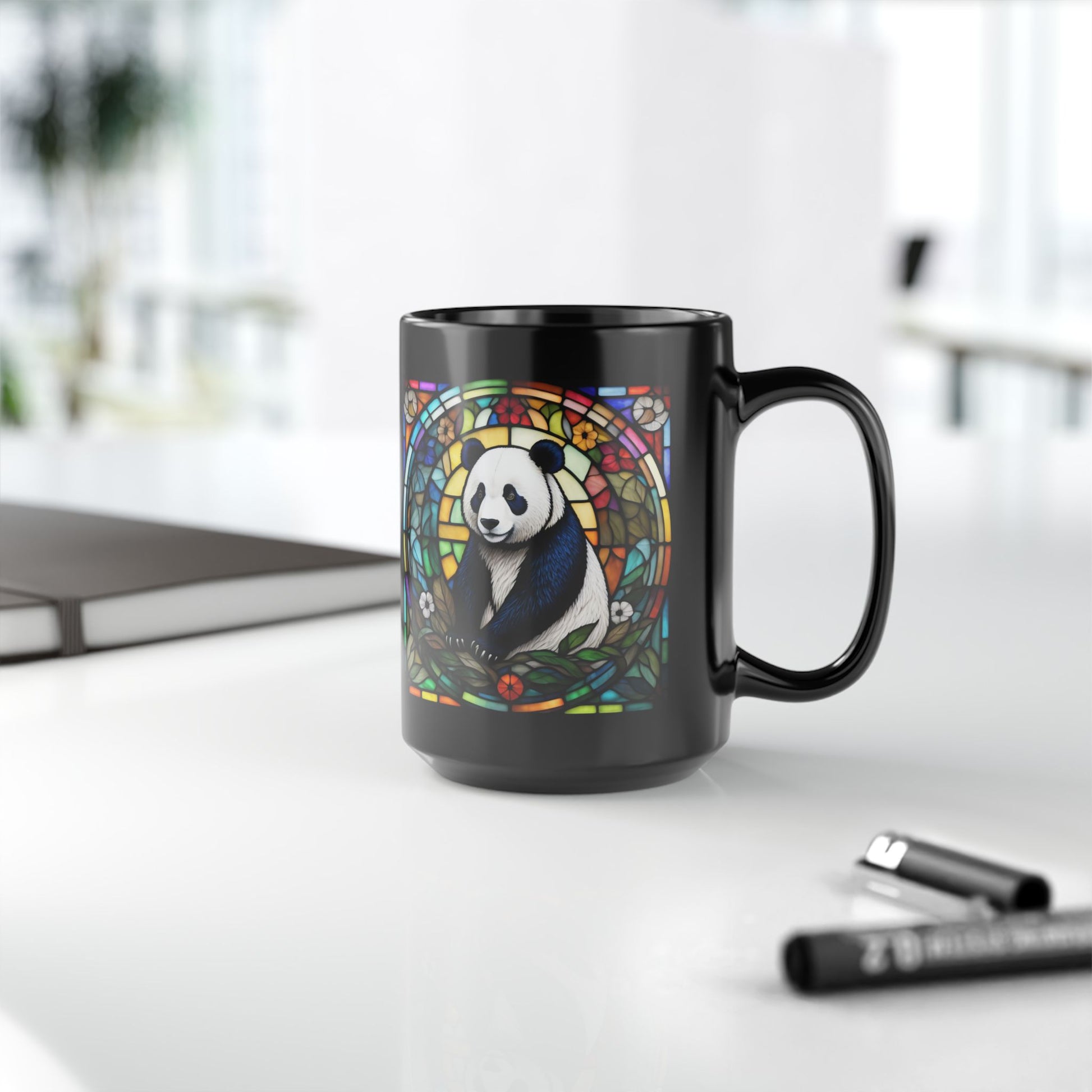 Panda Personalized Mug, Stained Glass Zoo Animal Design, Unique Ceramic Gift for Wildlife Lovers, Coffee, Tea, & Hot Chocolate Cup