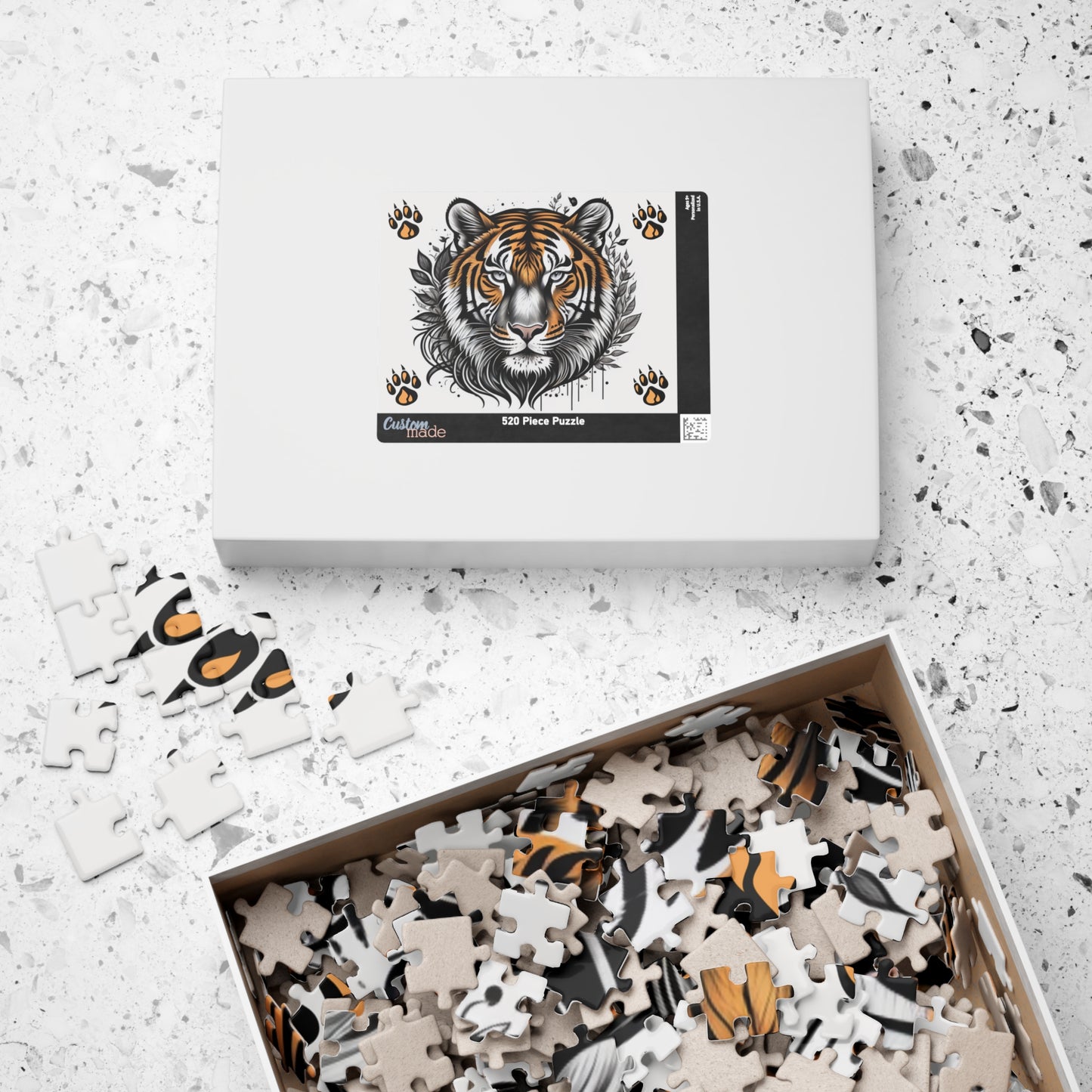 Empower Your Mind - Ink and Orange Tiger Puzzle with Botanical Leaves and Paw Prints on White