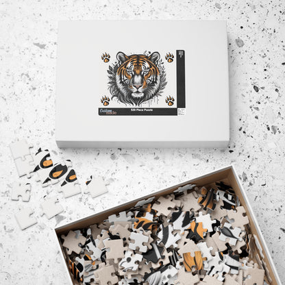 Empower Your Mind - Ink and Orange Tiger Puzzle with Botanical Leaves and Paw Prints on White