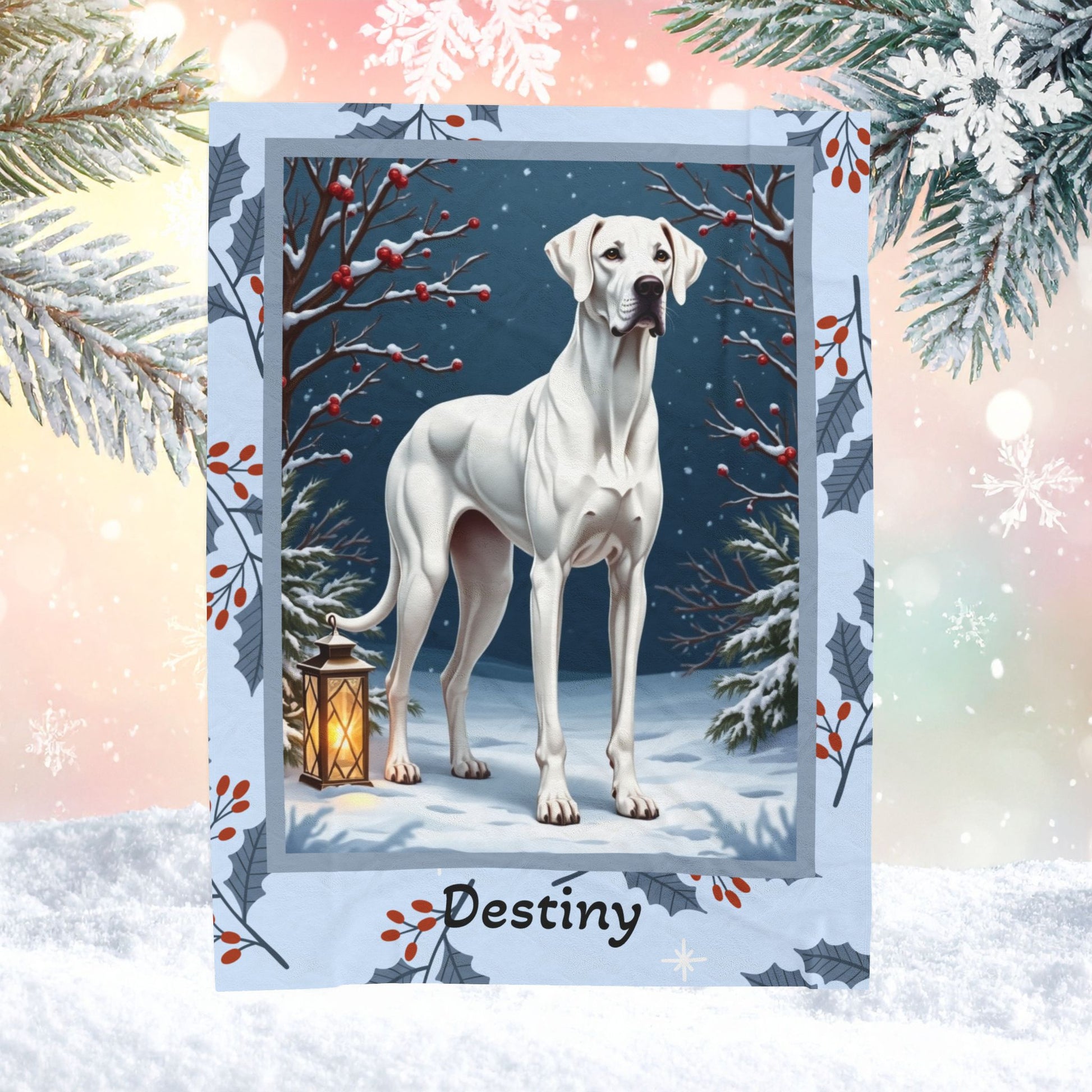 Great Dane White custom winter blanket showing a gentle Great Dane in a crisp illustrated snowy lodge setting