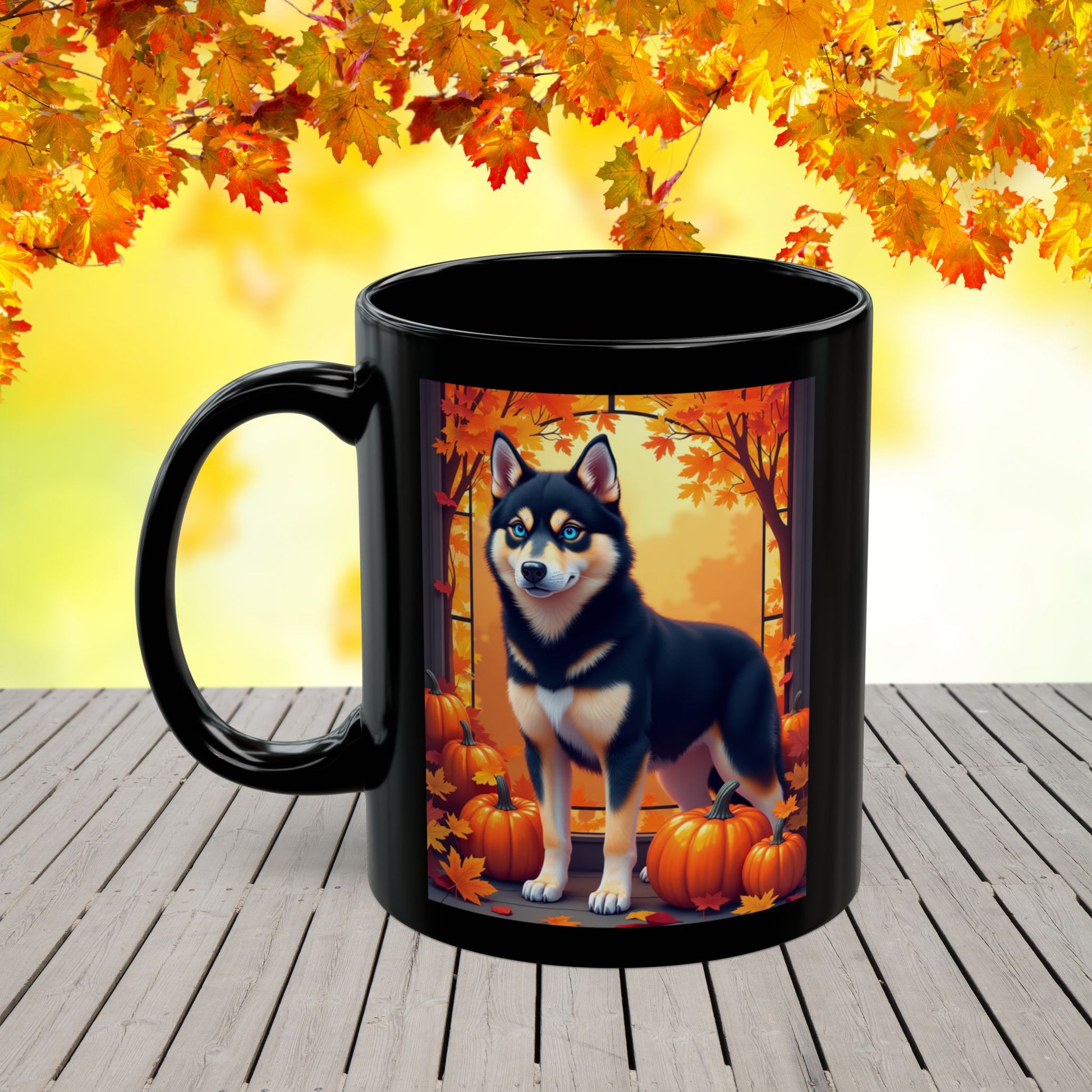Black & Tan Husky (Blue Eyes) fall coffee mug, custom Husky lover gift for home, office, or seasonal drinks