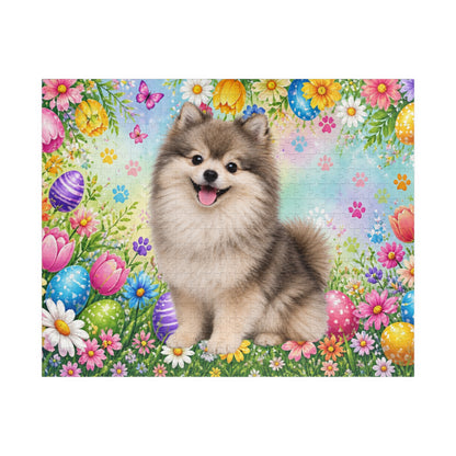 Pomeranian (Wolf Sable) Easter Puppy Puzzle - Spring Garden with Eggs, Tulips, and Butterflies