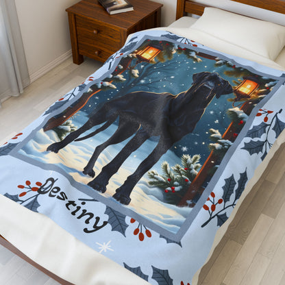 Great Dane Black custom winter blanket featuring a majestic Great Dane in a cozy lodge-style snowy illustration