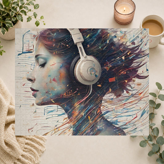 Artistic depiction of a person wearing headphones with musical notes and colors around them.