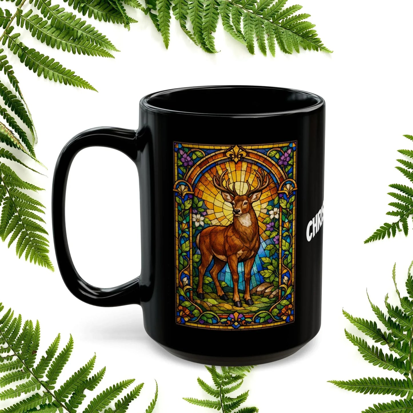 Shop our premium deer stained glass style black mug from MySisterIsASurvivor.