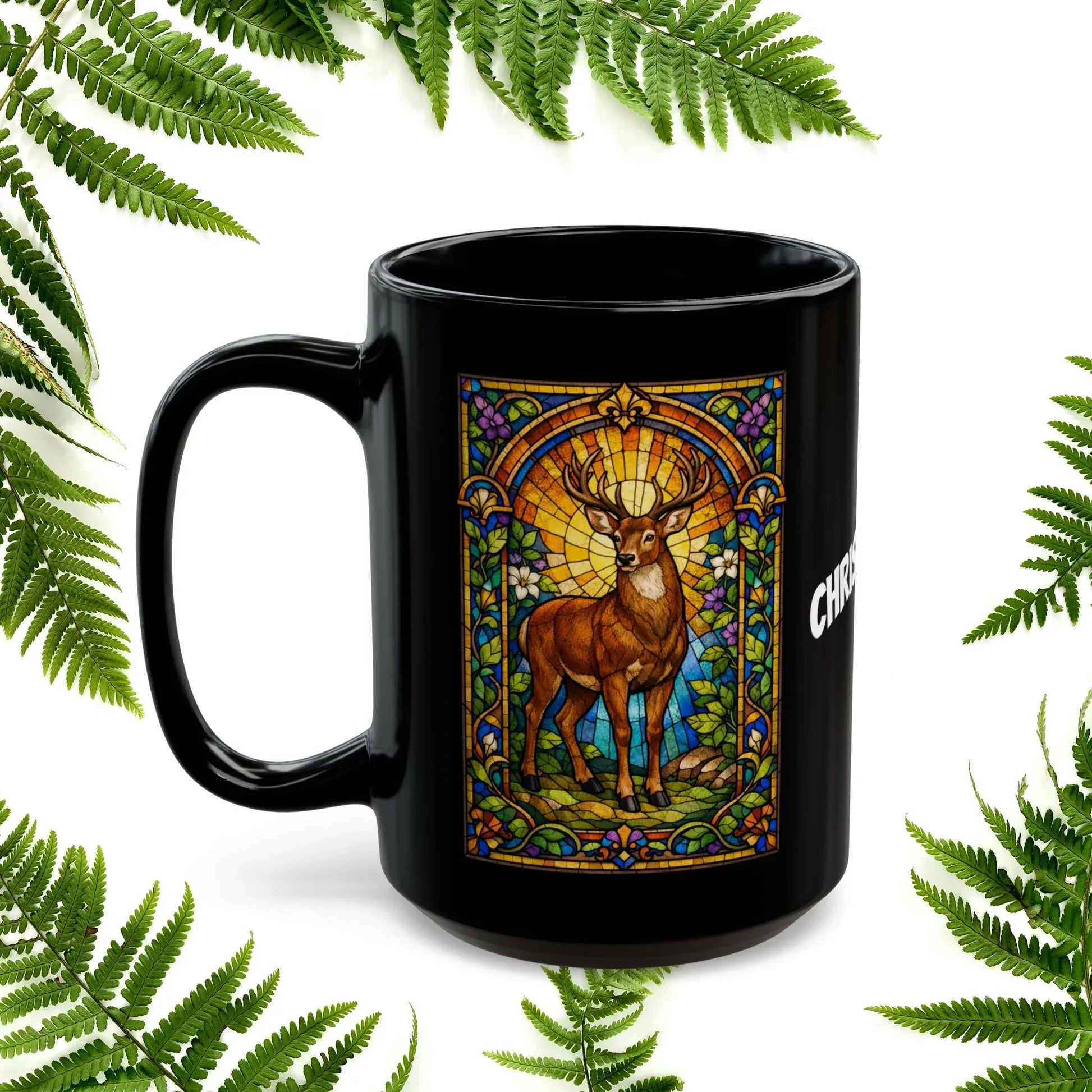 Shop our premium deer stained glass style black mug from MySisterIsASurvivor.