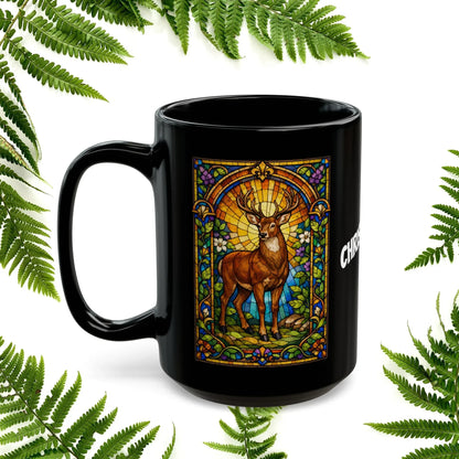 Shop our premium deer stained glass style black mug from MySisterIsASurvivor.