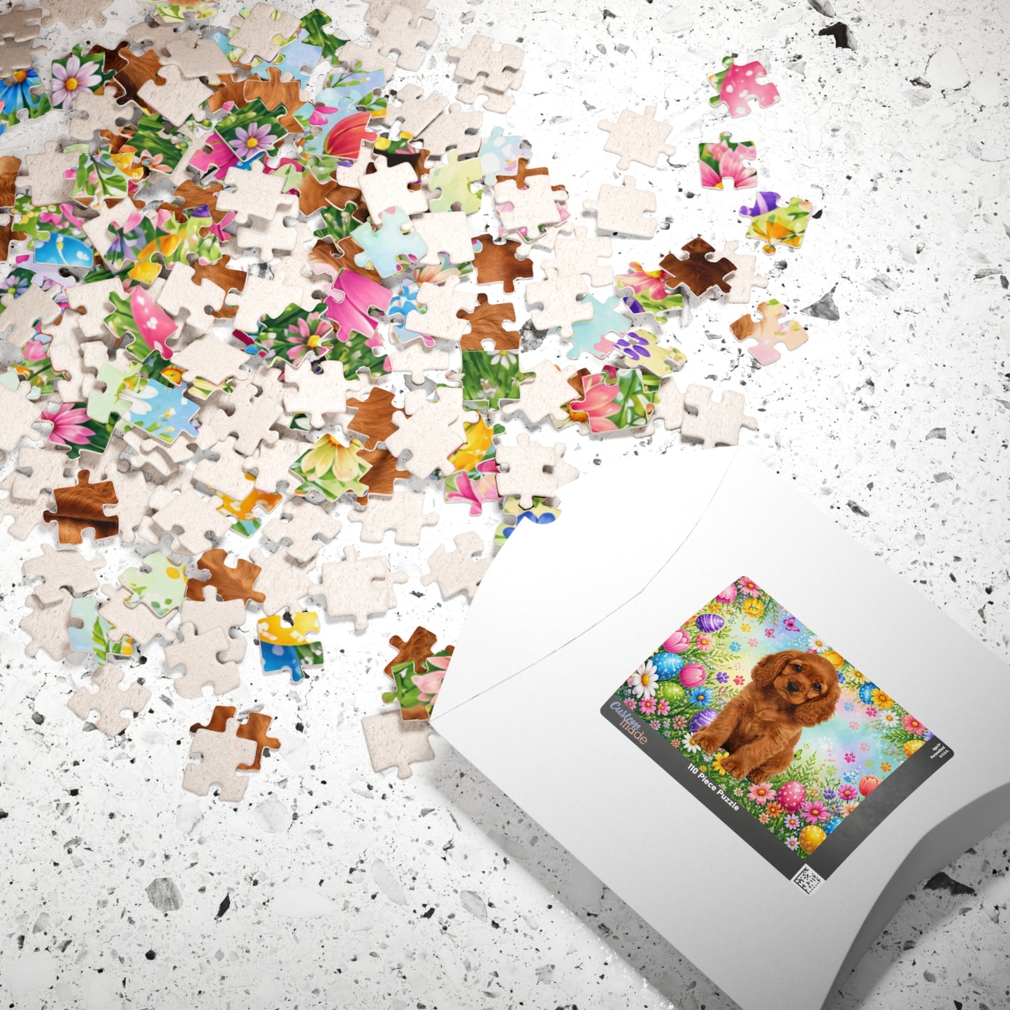 American Cocker Spaniel (Red) Easter Puppy Puzzle - Spring Garden with Eggs, Tulips, and Daisies