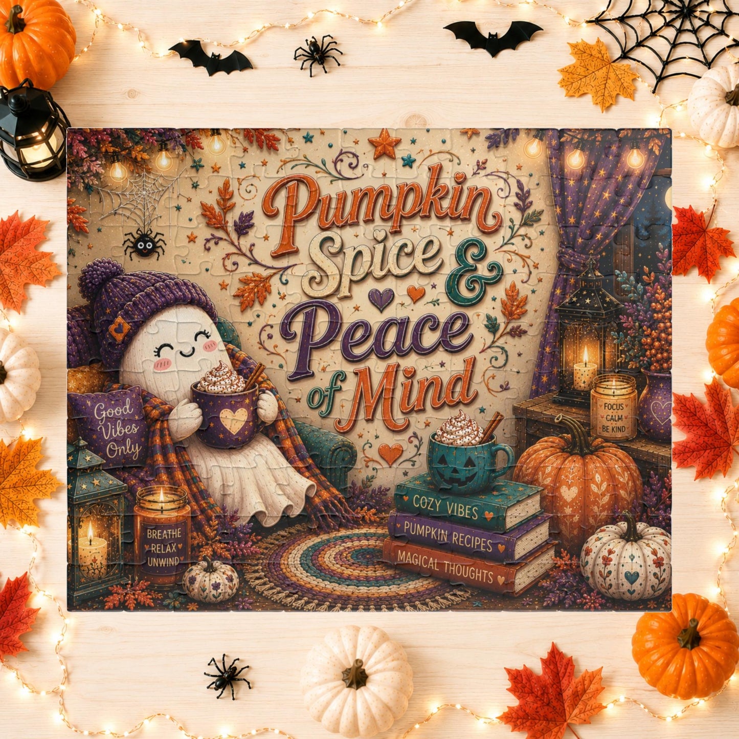 Pumpkin Spice and Peace of Mind Halloween Puzzle - Cozy Ghost with Heart Mug, Good Vibes Pillow, and Pumpkin Recipe Books
