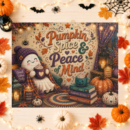 Pumpkin Spice and Peace of Mind Halloween Puzzle - Cozy Ghost with Heart Mug, Good Vibes Pillow, and Pumpkin Recipe Books