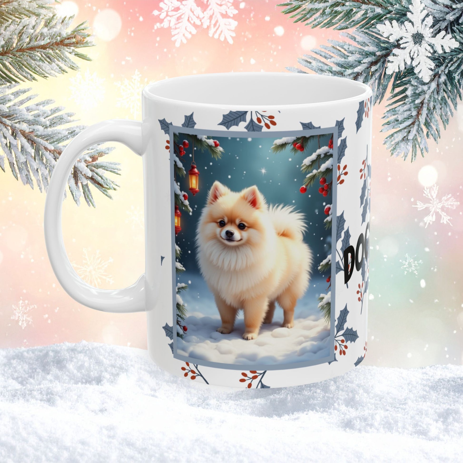 Pomeranian (Cream) Winter Mug - cream pomeranian artwork standing in a bright winter setting with snow