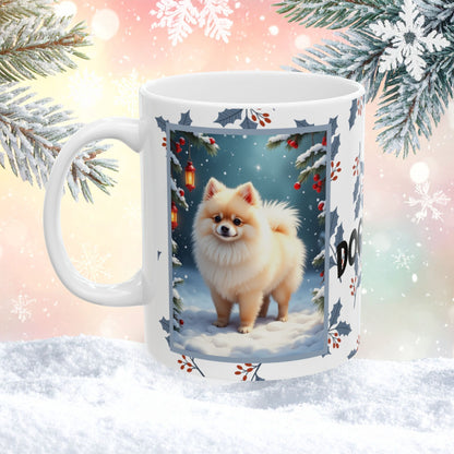 Pomeranian (Cream) Winter Mug - cream pomeranian artwork standing in a bright winter setting with snow