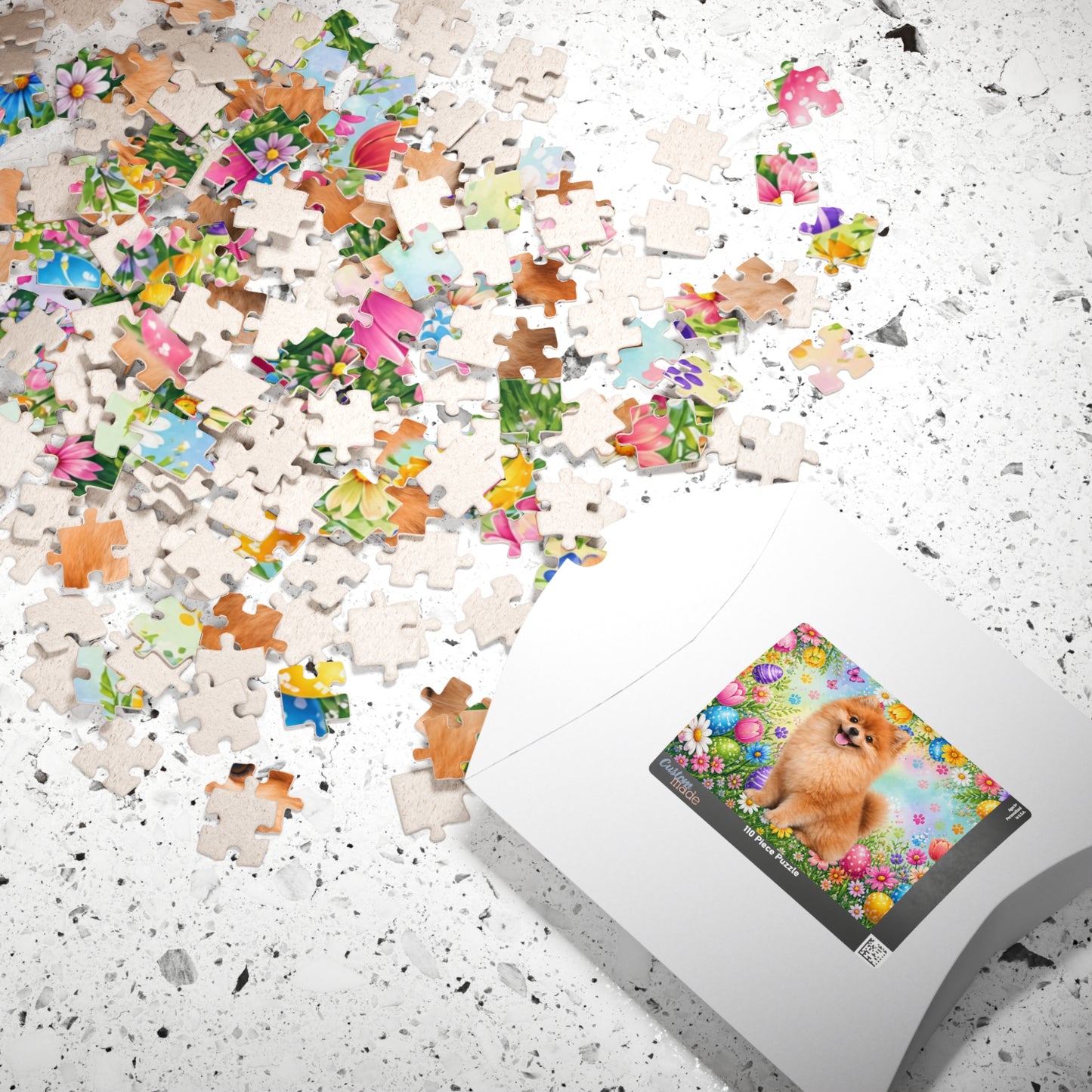 Pomeranian (Orange Sable) Easter Puppy Puzzle - Spring Garden with Eggs, Tulips, and Daisies