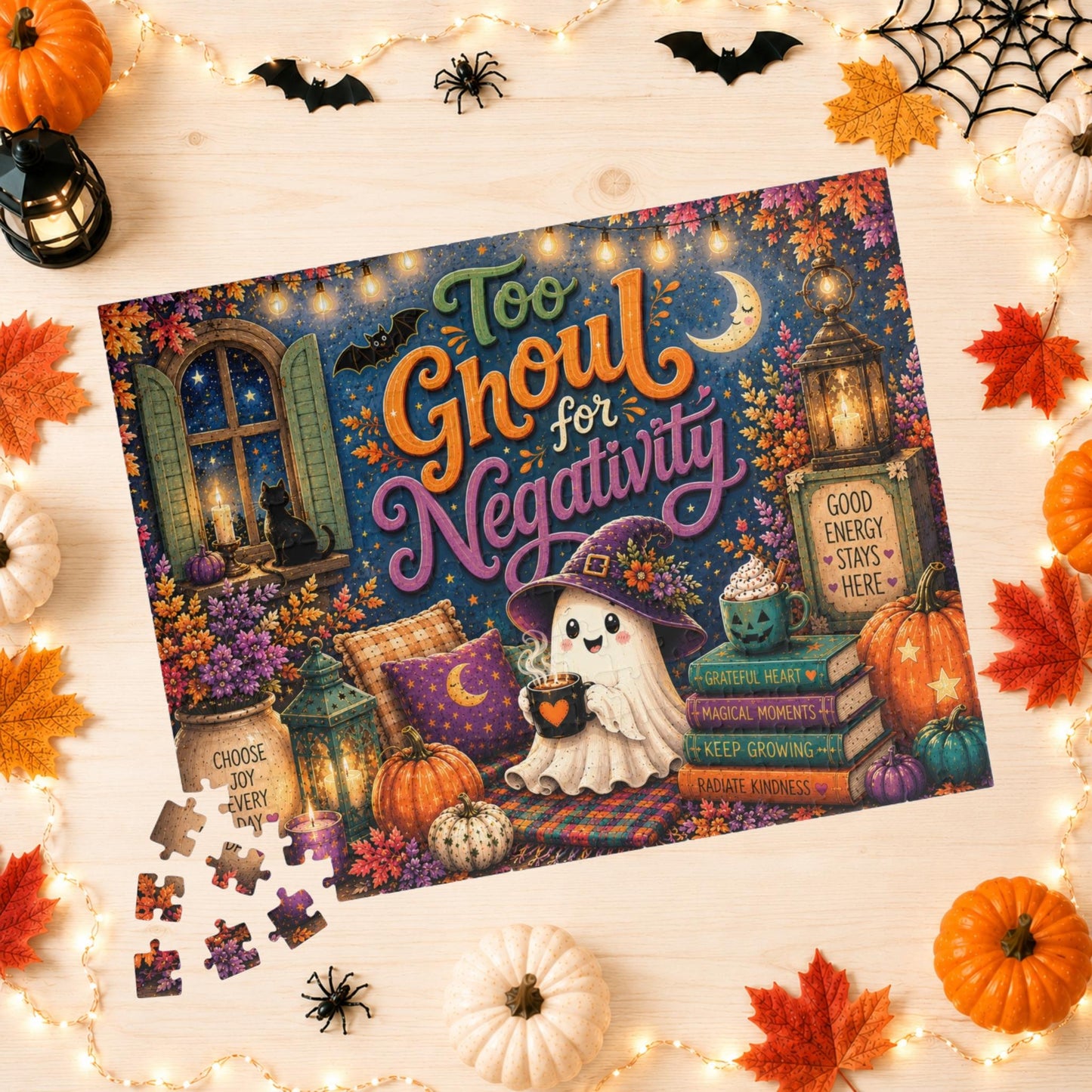 Too Ghoul for Negativity Halloween Puzzle - Ghost with Cauldron Mug, Good Energy Stays Here Sign, and Gratitude Books