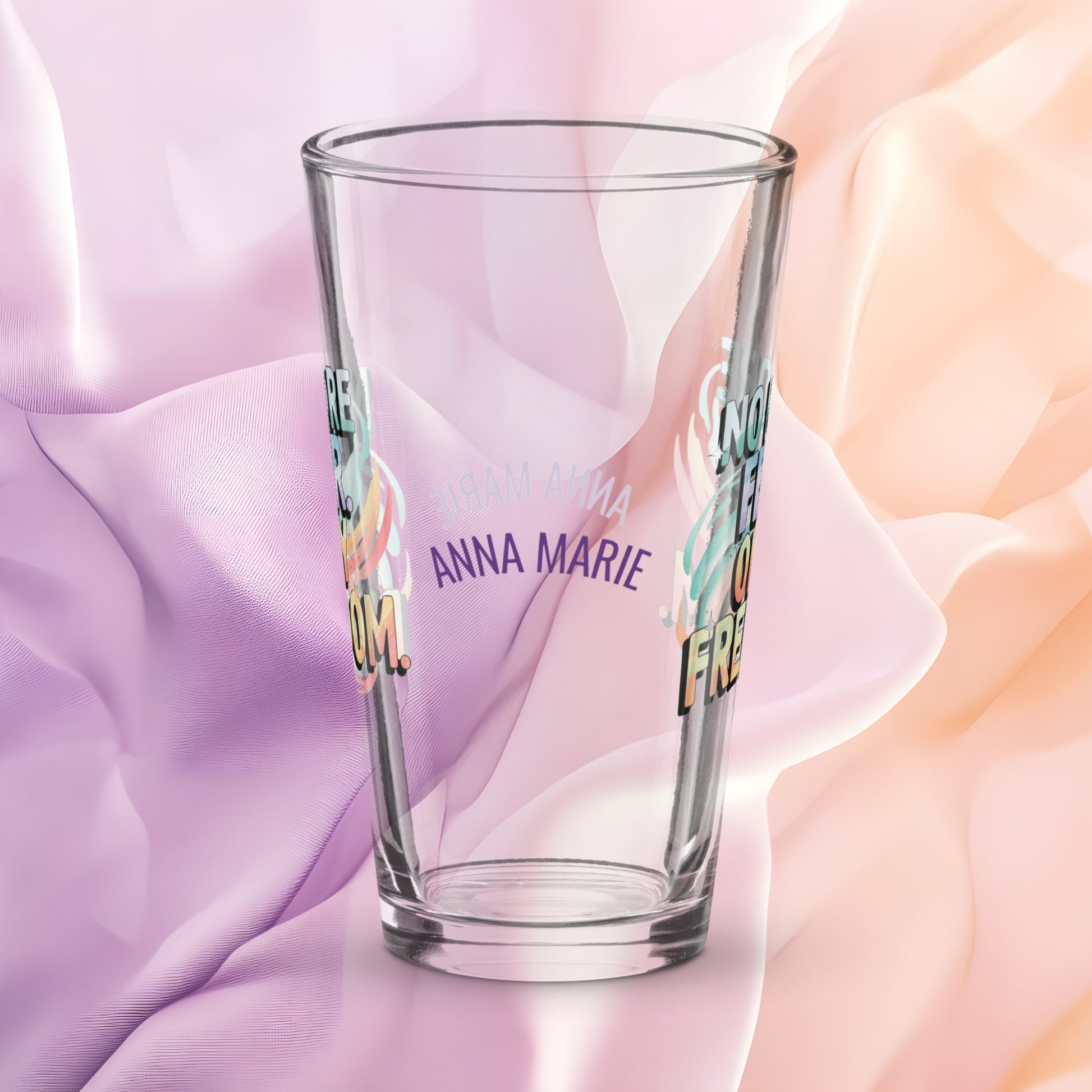 No More Fear Only Freedom pint glass, inspiring abuse recovery message, survivor empowerment design