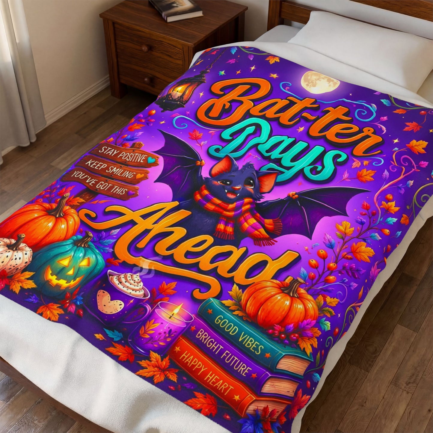 Bat-ter Days Ahead Velveteen Blanket - Bat with Stay Positive You've Got This Sign and Good Vibes Books