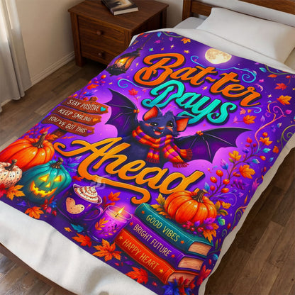 Bat-ter Days Ahead Velveteen Blanket - Bat with Stay Positive You've Got This Sign and Good Vibes Books
