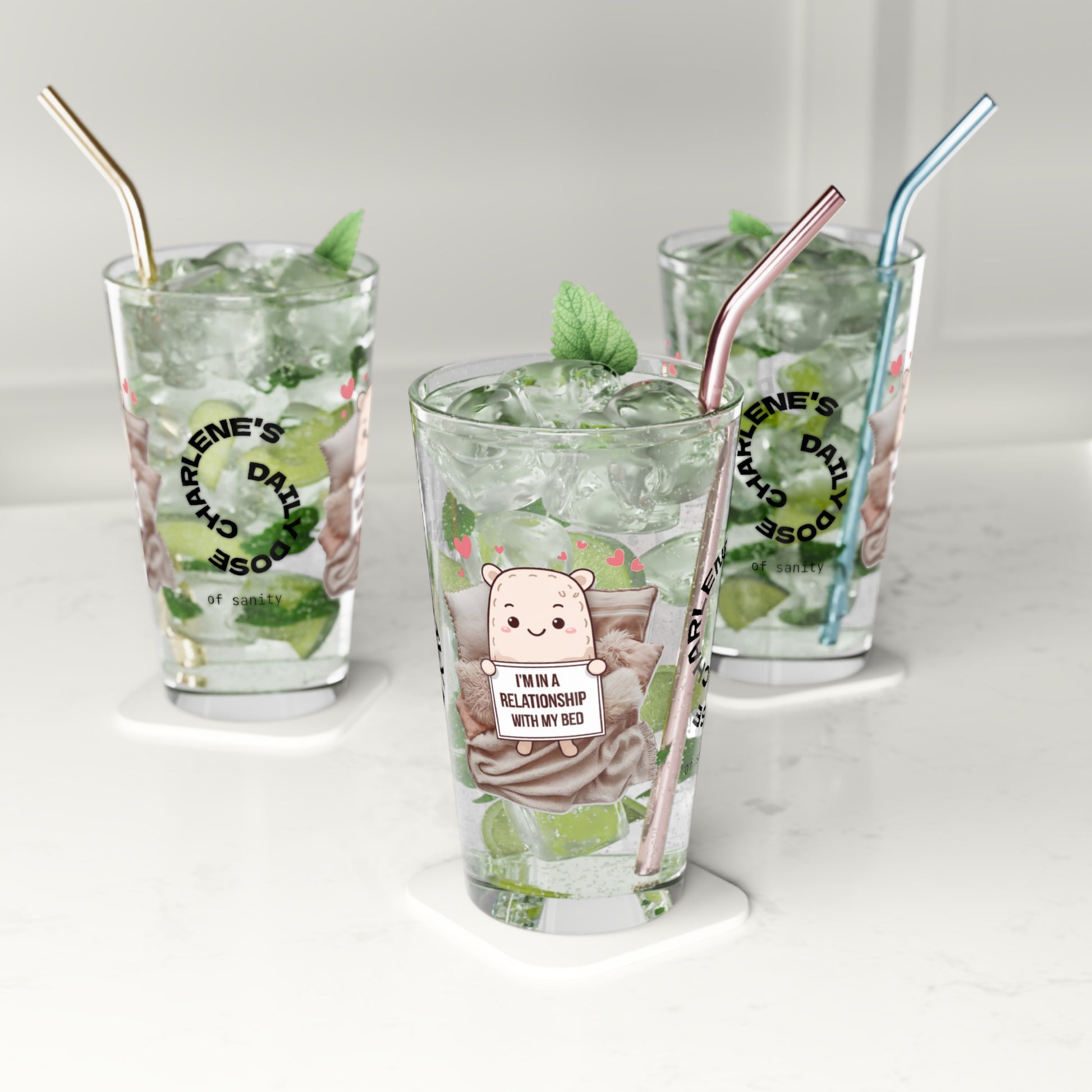 "I’m In A Relationship With My Bed" personalized funny pint glass for cozy moments and relaxation.