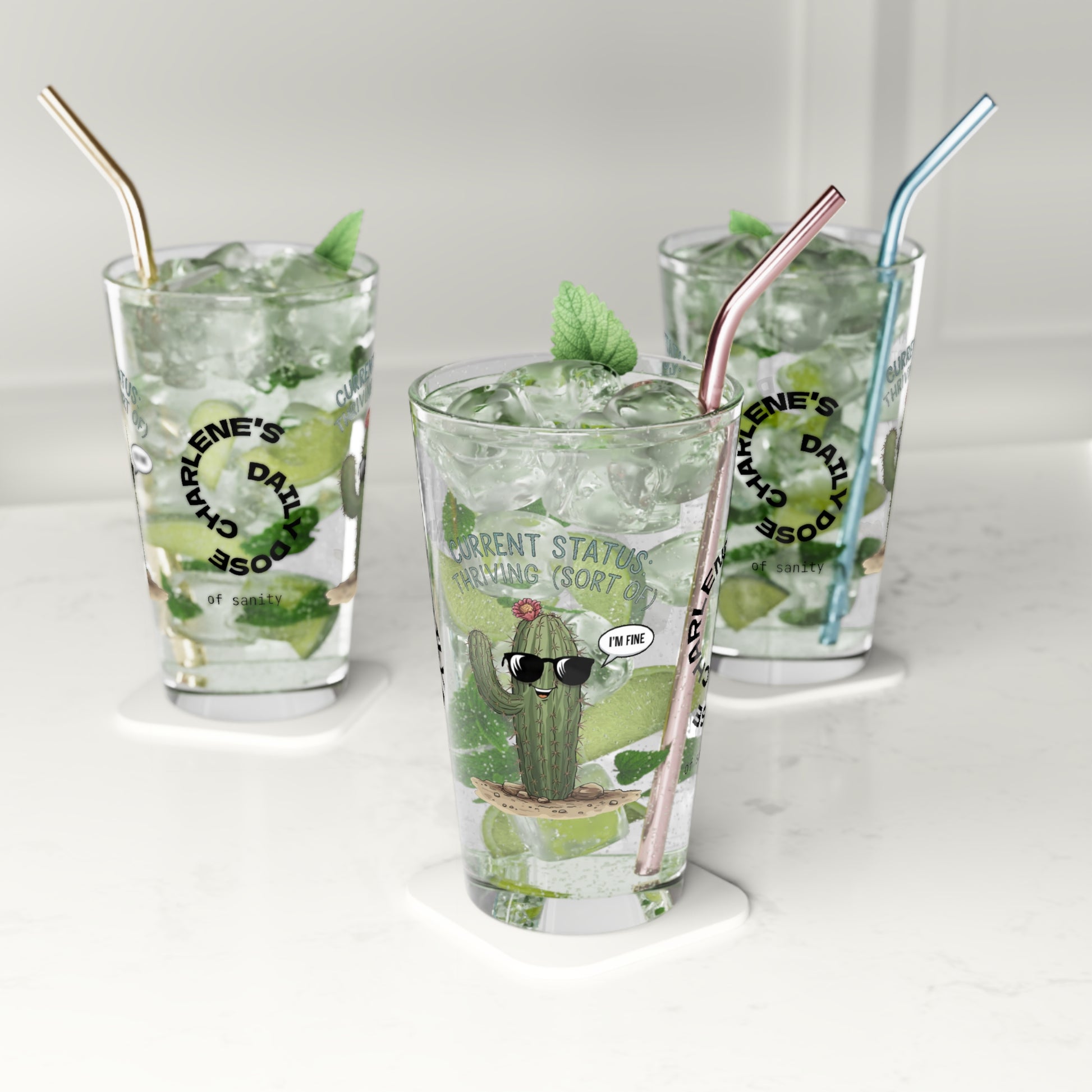 "Current Status: Thriving (Sort Of)" personalized funny pint glass with attitude and daily humor.