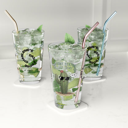 "Current Status: Thriving (Sort Of)" personalized funny pint glass with attitude and daily humor.