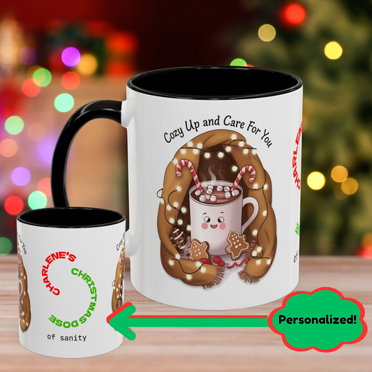 Cozy Up and Care for You Mug - Supportive Christmas Coffee Cup, Personalized Holiday Mental Health Gift with Accent Color
