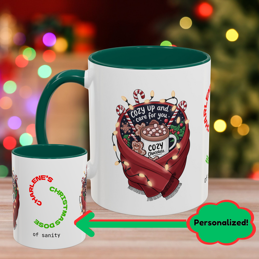 Cozy Up and Care for You Mug - Personalized Mental Health Christmas Gift, Holiday Self-Care Coffee Cup with Accent Color