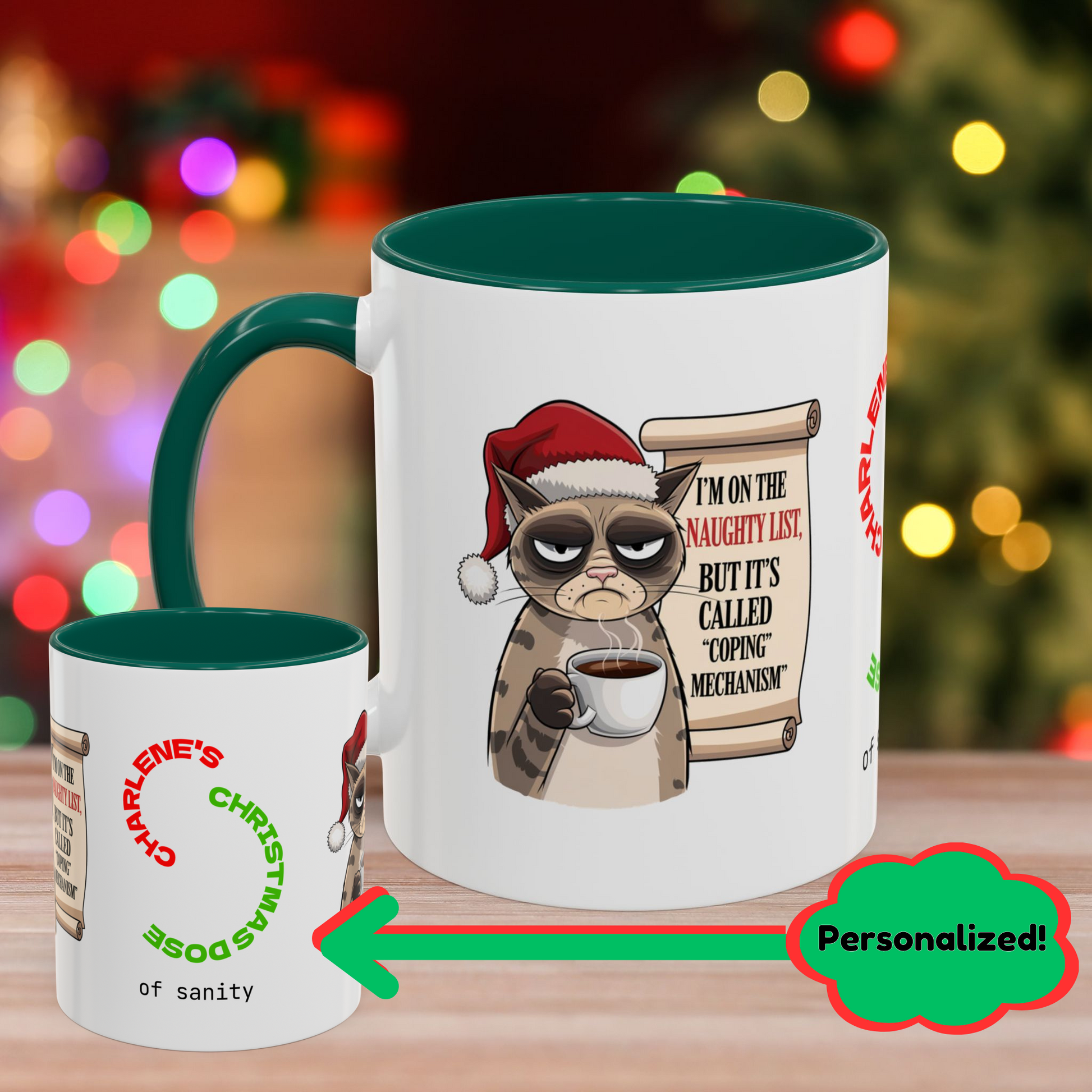 I'm On The Naughty List, But It's Called 'Coping Mechanism' - Christmas Mug with Cat Design and Accent Color