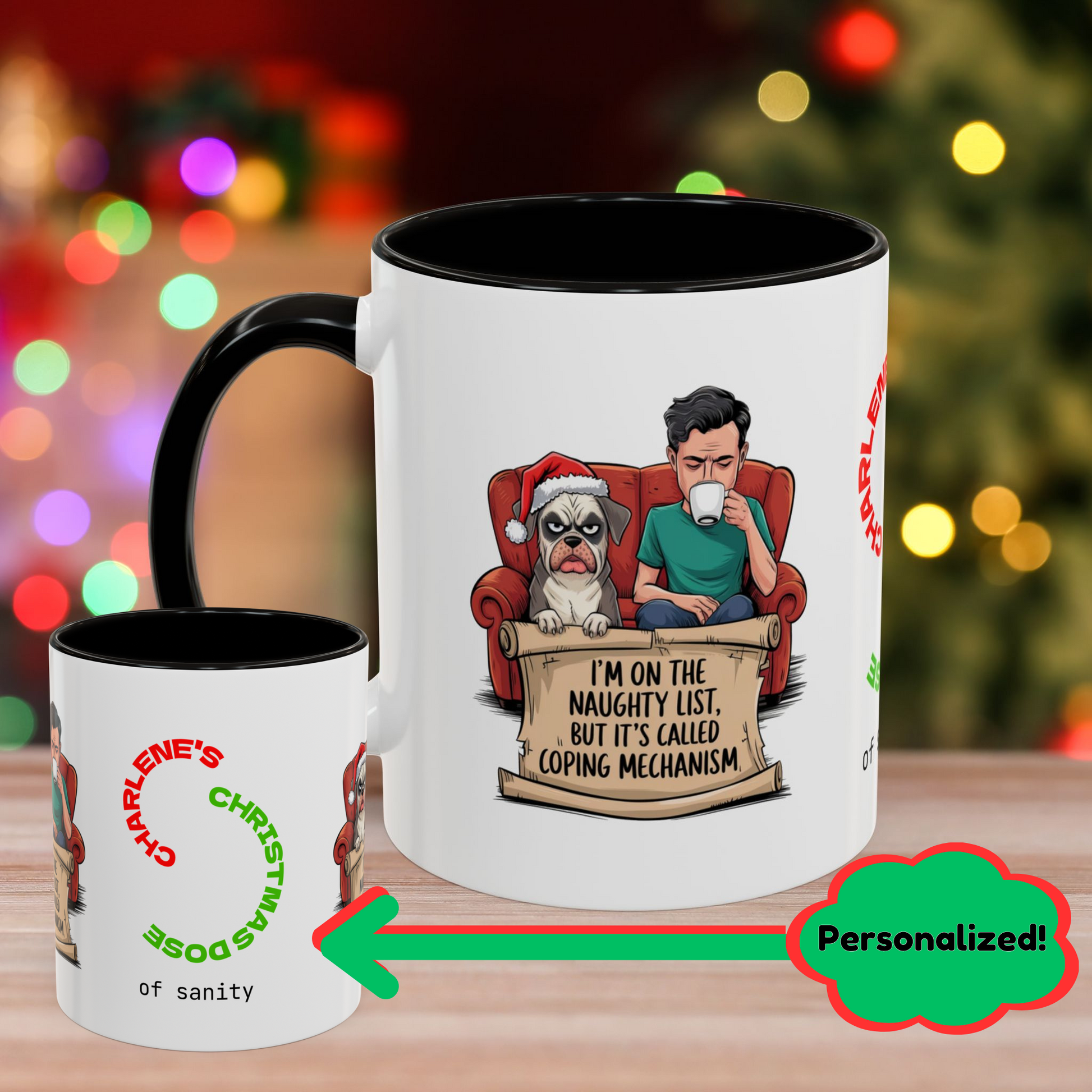 I'm On The Naughty List, But It's Called 'Coping Mechanism' – Christmas Mug with Male and Dog Design and Accent Color