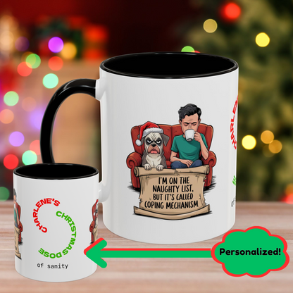 I'm On The Naughty List, But It's Called 'Coping Mechanism' – Christmas Mug with Male and Dog Design and Accent Color