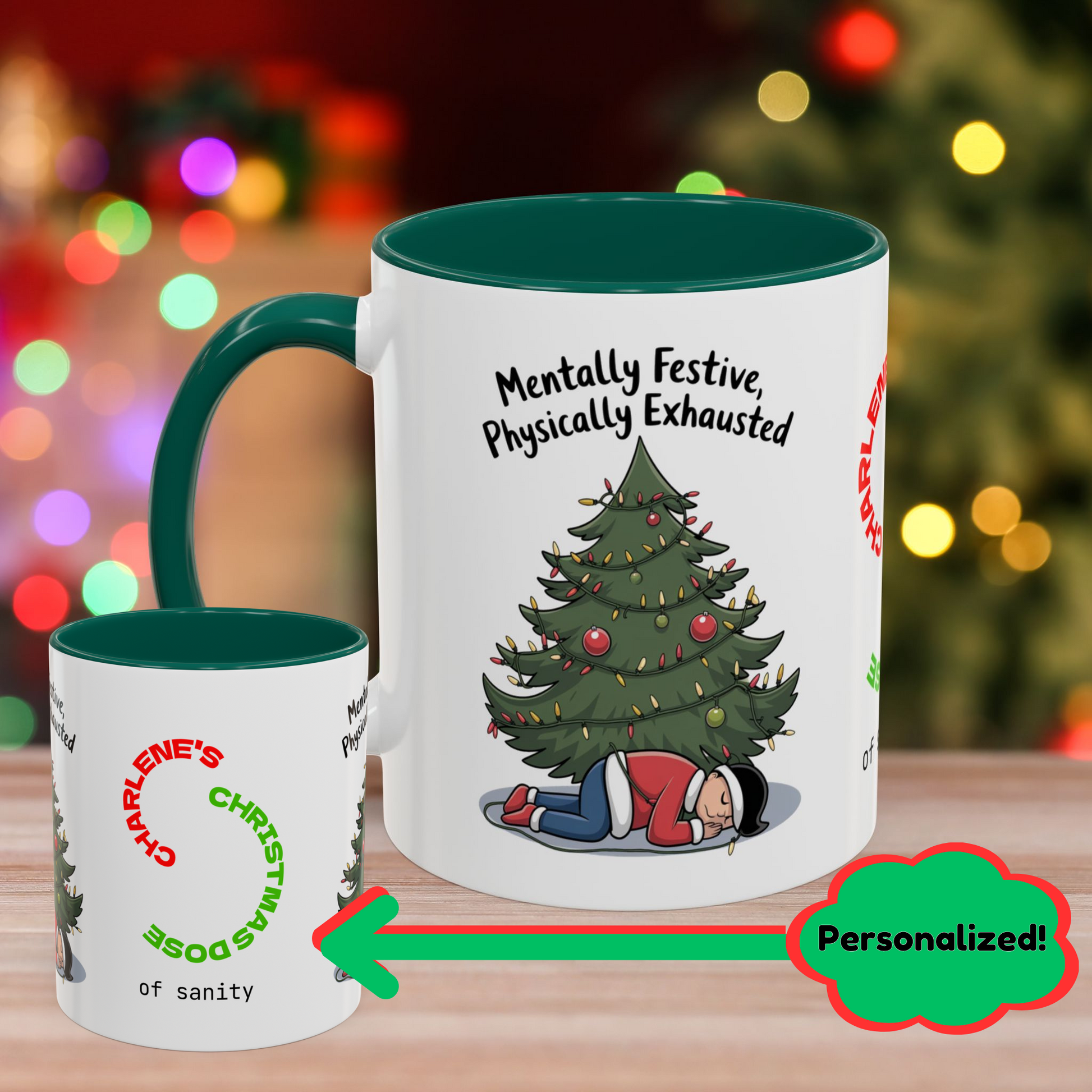 Mentally Festive, Physically Exhausted - Christmas Mug with Colorful Design and Accent Color