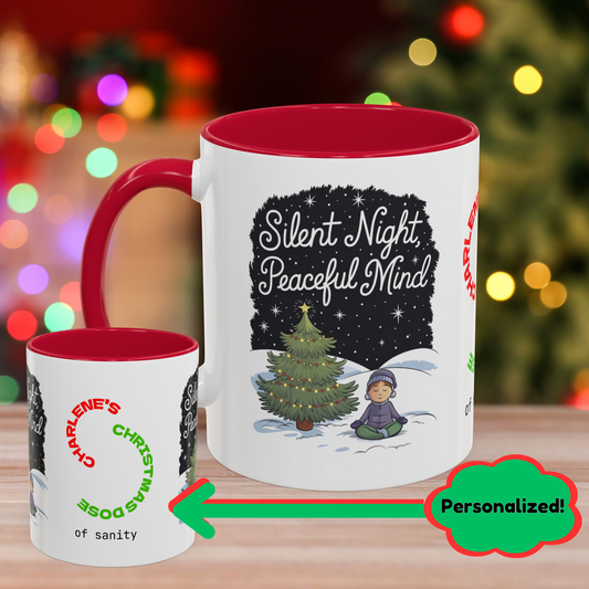 Silent Night Peaceful Mind Mug - Christmas Self-Care Coffee Cup, Personalized Support Gift with Accent Color
